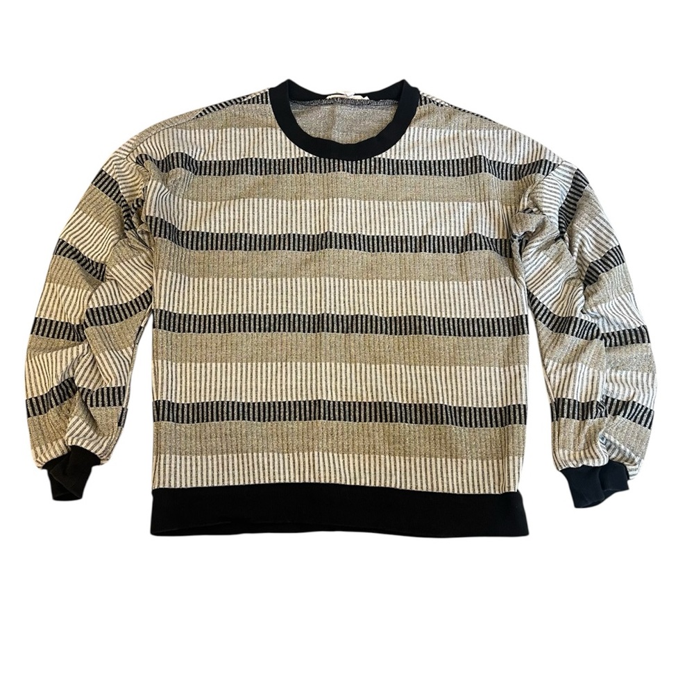 BCBG Black and Cream Crew Neck Sweater with Stripes, Size XS